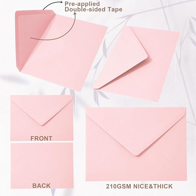 Whaline 50pcs Pink A7 Invitation Envelopes Greeting Card Envelopes with V-Flap, Gift Card Sleeves for Mailing, 7.3x5.3 Inch