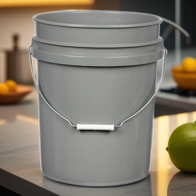 House Naturals 5 Gallon Food Grade BPA Free Made in USA Pails Gray Bucket with Screw On Air Tight Lid (3, Gray with Blue lids)