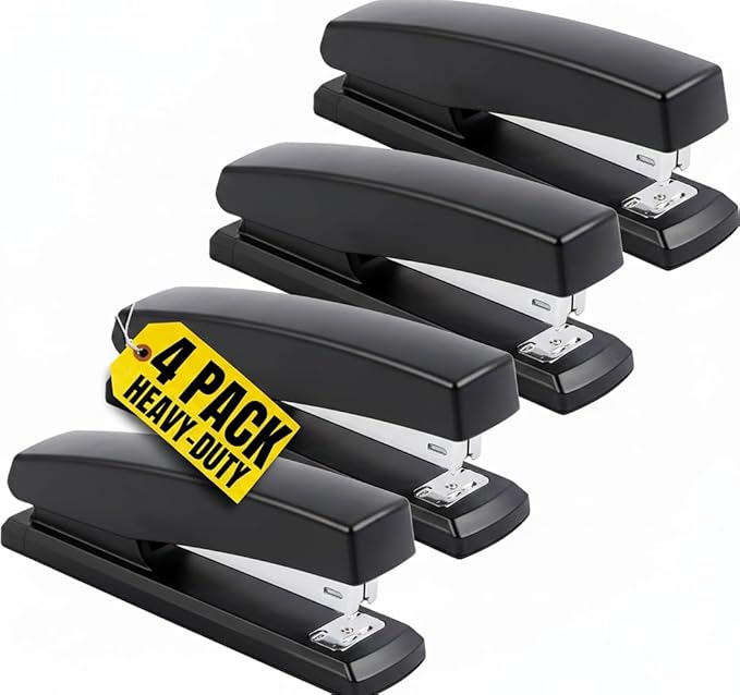 1InTheOffice Staplers for Desk, Heavy Duty Desk Stapler, Full Strip, 20-Sheet Capacity, Black, 4-Pack