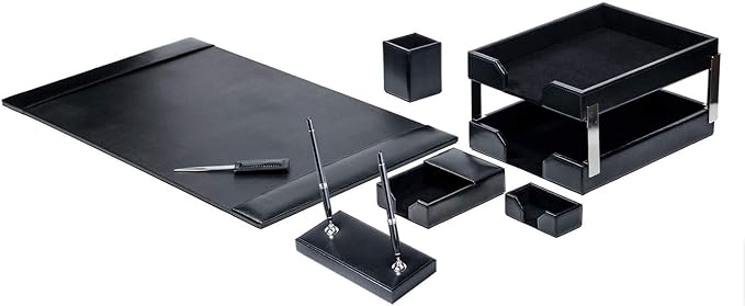 Dacasso Bonded Set Luxury Leather Desk Pad & Desk Organization Essentials, 9 Piece, Black