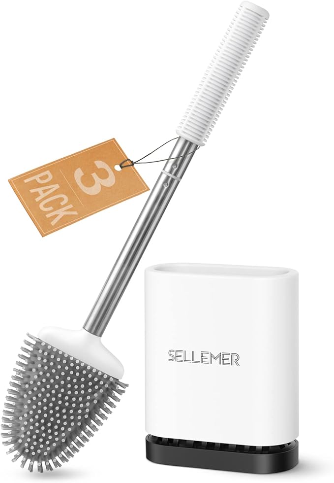 Sellemer Toilet Brush and Holder Set for Bathroom, Flexible Toilet Bowl Brush Head with Silicone Bristles, Compact Size for Storage and Organization, Ventilation Slots Base (3 Pack, Multicolor)