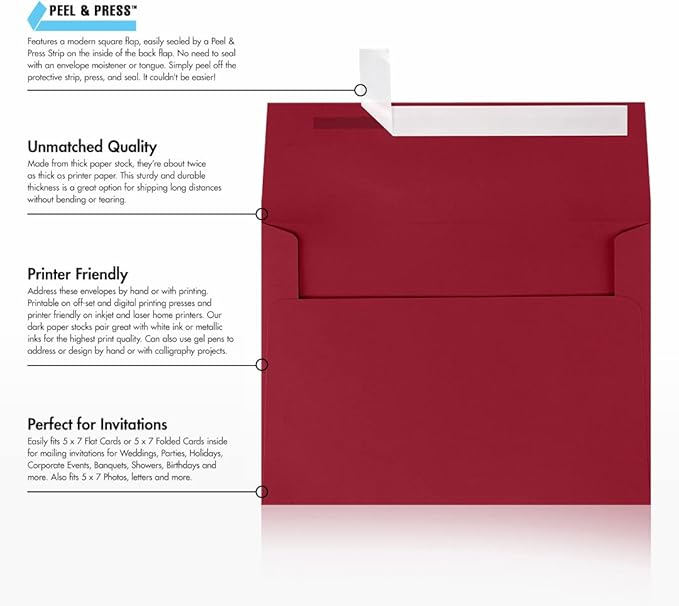 LUXPaper A7 Invitation Envelopes | Peel & Press | 5 1/4" x 7 1/4" | Garnet Red | 80lb. Text | 500 Qty