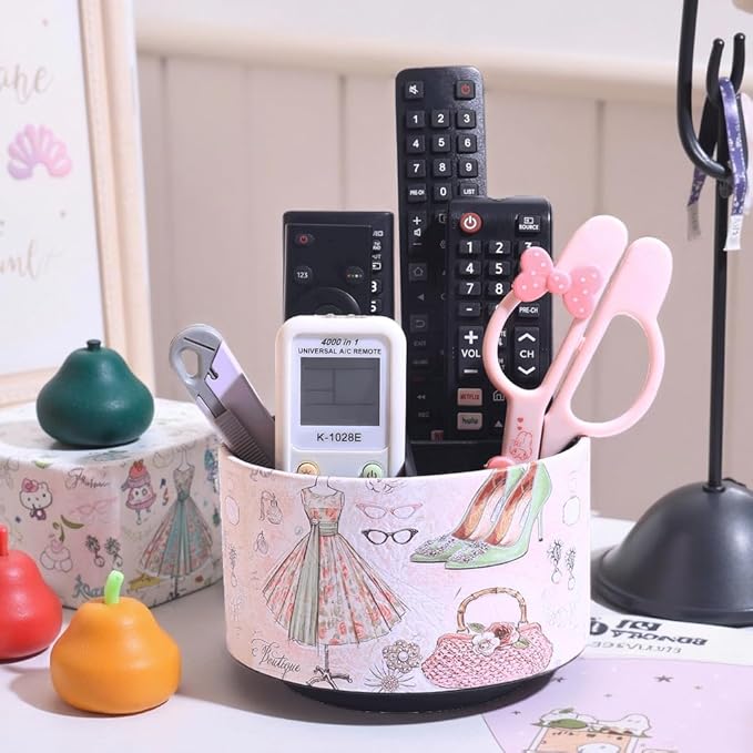 360° Rotate Desk Pen Organizer, Makeup Brush Holder Organizer, Makeup Organizers Countertop, TV Remote Control Holder,Leather Remote Caddy,Dual-Purpose Art Supply Pencil Cup (Fashion illustration)