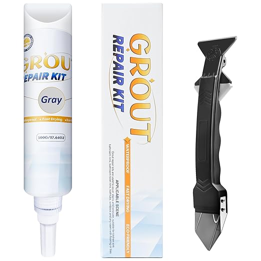 Lskysaga Tile Grout Repair Kit - Grout Filler, Grout Repair Paste with Silicone Trowel Scraper, Fast Drying Grout Repair Kit for Bathroom Shower Kitchen Floor Tile, Waterproof (17.64 oz, Gray)