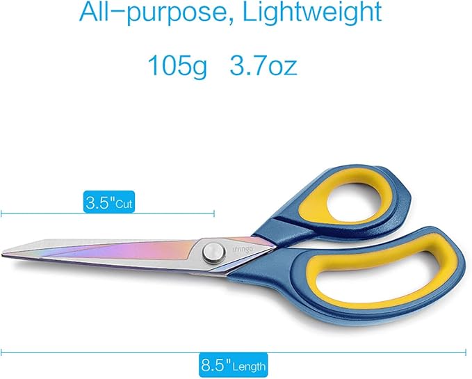 LIVINGO 8.5” Premium Fabric Scissors, Heavy Duty All-Purpose Titanium Coating Forged Stainless Steel Sharp Sewing Tailor Dressmaking Shears Comfort Grip Crafting Leather Cutting, Navy Blue/Yellow