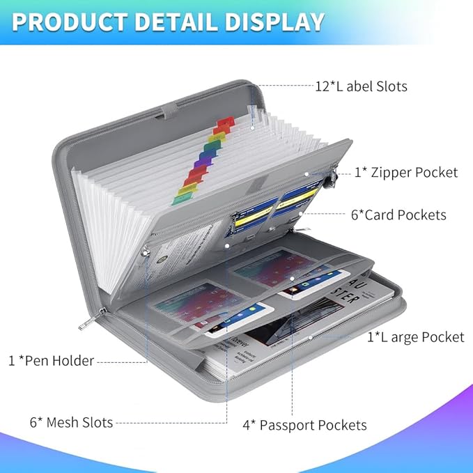 Folio Document Organizer (Grey), Durable 13-Pocket Expanding File Folder with Handle & Labels, Portable A4/Letter Organizer for Home Office, School & Travel