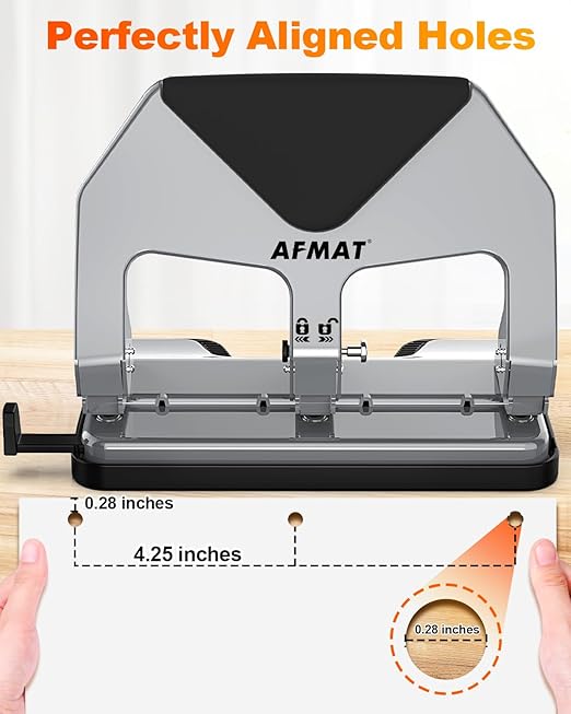 AFMAT HP20 Heavy Duty 3 Hole Punch, 60% Reduced Effort, 50-Sheet 3 Hole Puncher for Binder, 10,000+ Uses, Metal Three Hole Punch for Home Office School, w/Large Chip Tray, Paper Guide