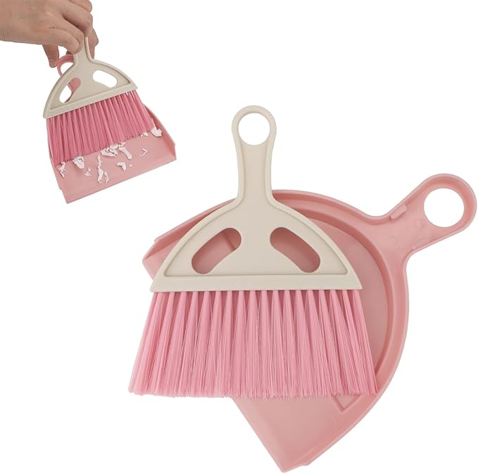 Brosay Mini Dustpan and Brush Set Portable Small Broom with Dust Pan Handheld Hangable Whisk Broom and Dust Pan for Home, Kitchen, Table, Office, Car 1 Pcs (Pink)