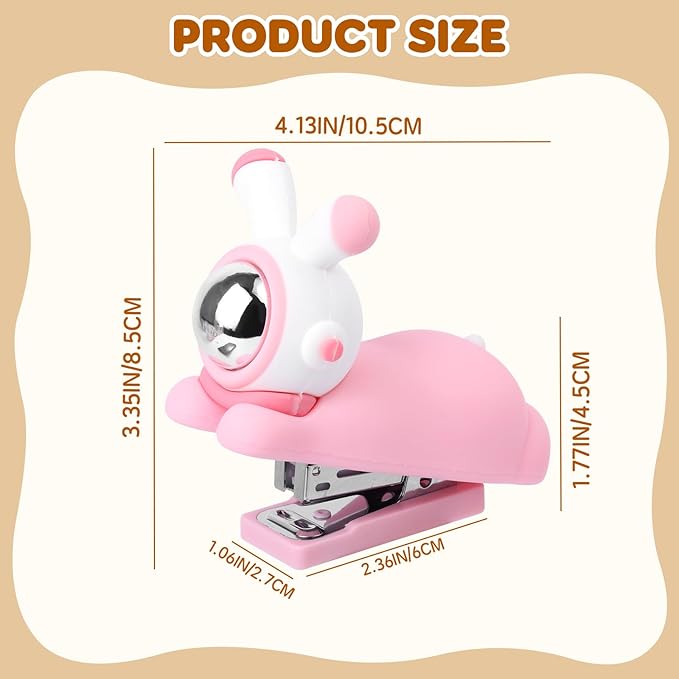 Honagu Cute Stapler, Cartoon Stereoscopic Silicone Stapler, Labor-Saving Office Supplies, Desktop Stationery Gift for Students Kids (Long Ear Pink)