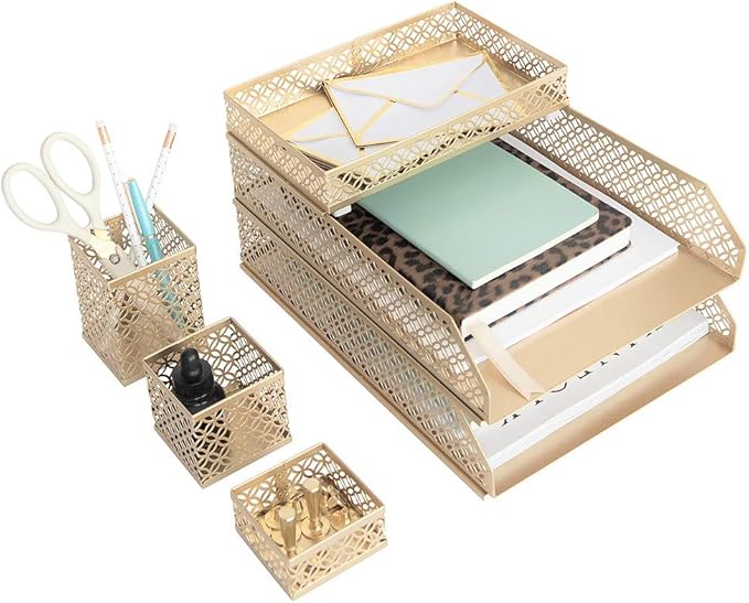 BLU MONACO Gold Desk Organizer Set for Women – 6-Piece Interlocking Office Supplies Set, Pen Cup, 3 Accessory Trays & 2 Letter Trays, Gold Paper Tray Holder