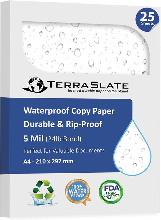 TerraSlate Waterproof Laser Printer Paper – Rip-Proof, Weatherproof, 5 Mil (24lb Bond), A4 Size 210 x 297 mm, 25 Sheets, White, Synthetic Paper for Outdoor Use