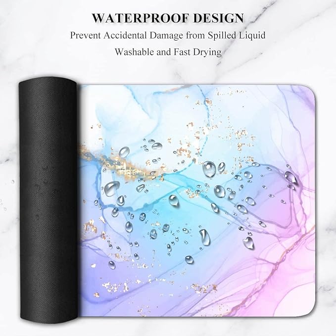 Extended Gaming Mouse Pad (31.5 X 11.8 in), Large Non-Slip Rubber Base Mousepad,Keyboard Mouse Mat Desk Pad for Work, Game, Office, Home - Blue Purple Rose Gold Marble