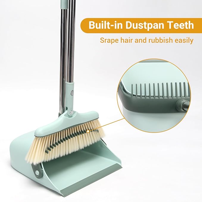 Sayene Broom and Dustpan Set,Long Handle Broom and Dustpan Set,Broom with Stand Up Dustpan Combo Set,for Home, Office, Lobby(Green)