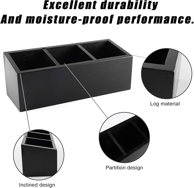 Wood Pen Holder,Office Desk Organizers and Accessories,Pencil Holder for Desk With 3 Compartments,Pencil Dispenser for Classroom,Makeup Storage,Black