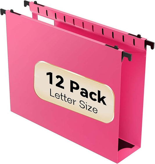 Extra Capacity Plastic Hanging File Folder Letter Size,12 Pack Reinforced Hang Folders with Heavy Duty 2 Inch Expansion,Pink Hanging File Folder Designed for Bulky Files
