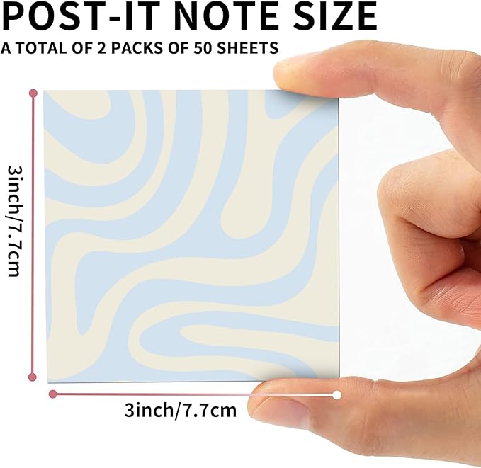 2 Pack Sticky Notes 3x3 Inches, Bright Cute Strong Sticking Power, Easy to Post for Home, Office, 80sheets/Pads, Cute Wave Pattern