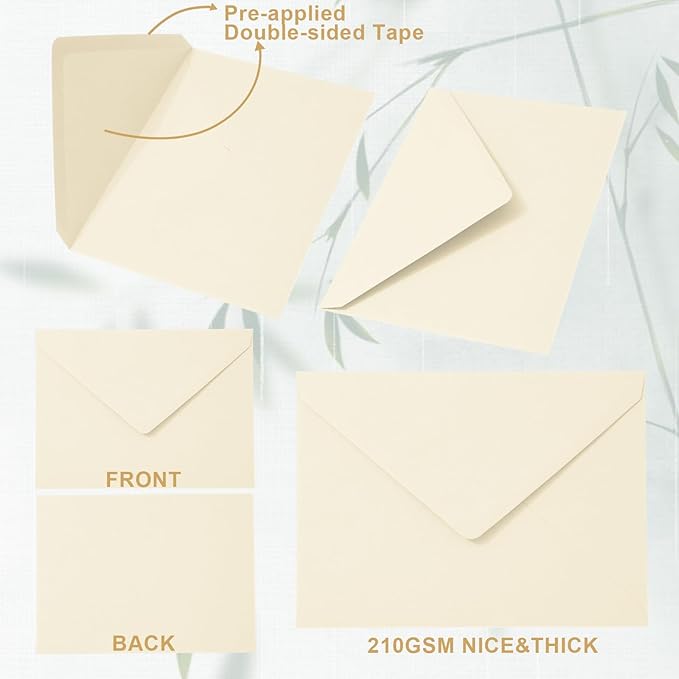 Whaline 50Pcs A7 Invitation Envelopes Set Ivory Greeting Card Envelope V-Flap Envelope Gift Cards Sleeve for Mailing Envelopes Sending Card, 7.3 x 5.3 Inch