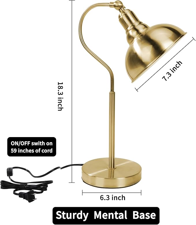 Gold Desk Lamp with 59” Plug in Cord On/Off Switch, Adjustable Table Lamp for Bedroom, Coffee, Dorm Lighting Decor (E14 Bulbs not Included)