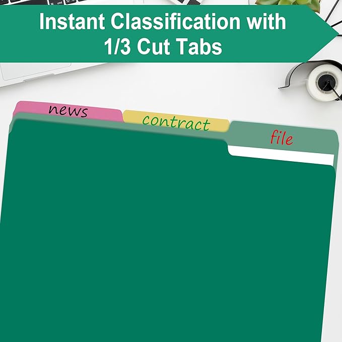 File Folders,18 Pack Two-Tone Colored File Folders Letter Size,Green Folders for School Office Supplies Documents Organization-1/3-Cut Tabs