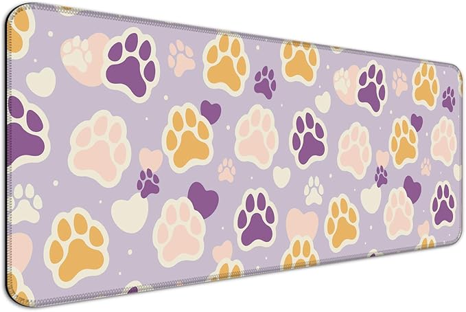 Cute Cat Paw Pattern Desk Mat, Large Gaming Mouse Pad, Computer Keyboard Laptop Girl Mousepad for Work, Game, Office and Home, XL, Purple