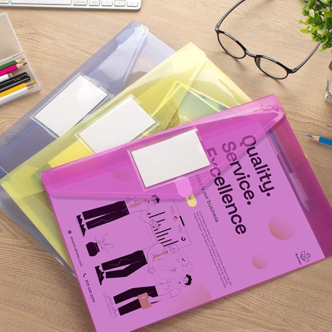 Sooez 10 Pack Plastic Envelopes Poly Envelopes, Clear Document Folders File Folders US Letter A4 Size File Folder with Label Pocket, Teacher School Office Supplies Organization Storage, Assorted Color