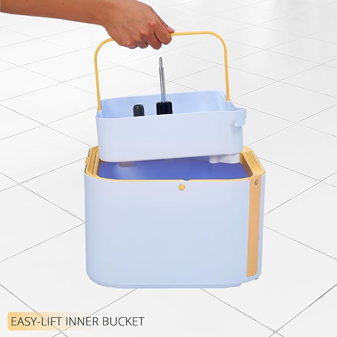 True & Tidy® TrueClean Mop and Bucket System Plus with New Easy Lift Inner Bucket, Self Wringing, Separates Clean from Dirty Water, Folding Mop Head, Dual Brush System, 6-pc Machine Washable Pads