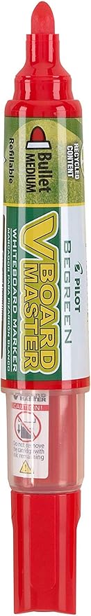 PILOT V Board Master BeGreen Refillable White Board Markers, Bullet Tip, Red Ink, 12 Count