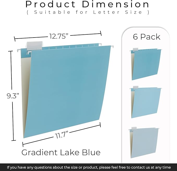 Y YOMA 6 Pack Gradient Hanging File Folders Letter Size Decorative Hanging Folder Pretty File Folder Organizer for Filing Cabinet Office Home with 1/5-Cut Adjustable Tabs, Lake Blue