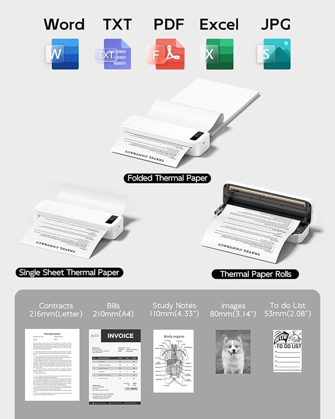 Portable Printers Wireless for Travel, Bluetooth Inkless Thermal Printer, Support 8.5" X 11" US Letter & A4, Small Mobile Printer with Carry Case and 4 Rolls Thermal Paper Kit, for Home Car Receipt