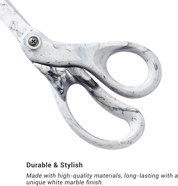 LIVINGO 8 Inches Scissors for Office - Sharp Heavy Duty Shears All Purpose for Sewing Crafting Cutting Fabric Paper, Stainless Steel Blade, Smooth Handle, Marble White Color