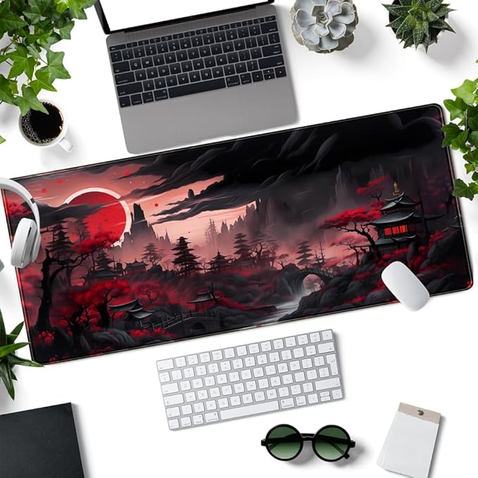 Riverside Full Moon Desk Pad Black Red Desk Mat Japanese Anime Extended XXL Keyboard Pad for Desk Gaming Computer Laptop Office Mouse Pad with Stitched Edges Non-Slip Large Computer Mat 31.5x11.8 in