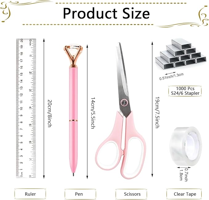 Office Supplies Set,Desk Accessories,Stapler and Tape Dispenser Set,1000 Staples,Staple Remover,Hinder Clips,Ruler,Scissor,Clear Tape,Ballpoint Pen,Sticky Notes,Gifts for Colleagues(Pink)