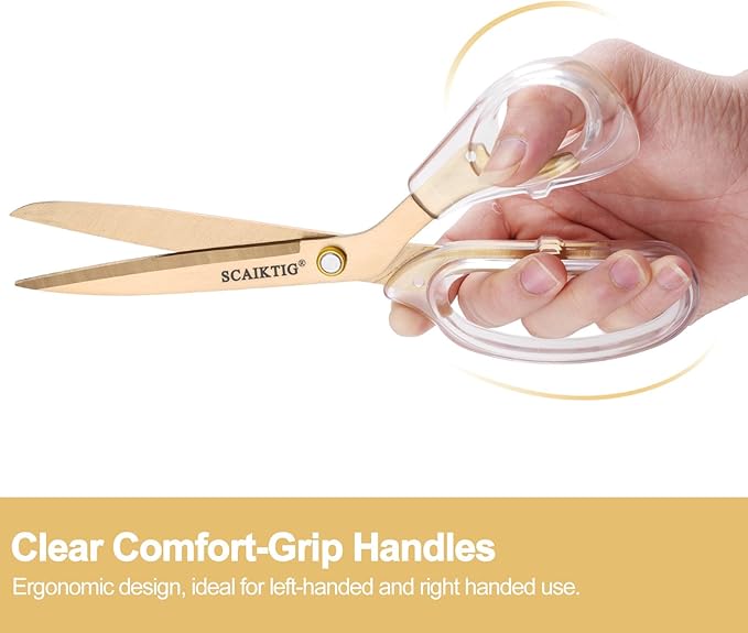 Acrylic Scissors Set, Office Scissors for Desk Gold, Clear Comfort-Grip Handles and Titanium Coated Blades, Sharp Scissors all Purpose Heavy Duty for Sewing, Art, Craft, School, Home Supplies