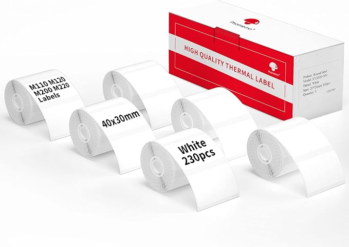 6-Pack Phomemo M110 Original Labels 1.57"x1.18"(40x30mm)Square Self-Adhesive Compatible with Phomemo M110/M120/M200/M220/M221 Label Printer for Barcode, Folder Name, Address, PriceTag, Homemade Label