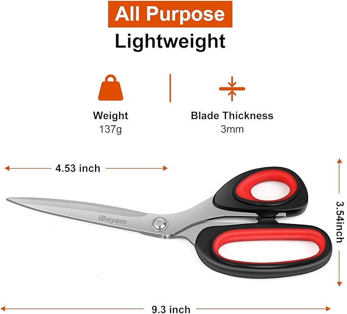 Scissors All Purpose, 9.3 Inch Scissors Heavy Duty Stainless Steel Shears for Home Household Cutting Fabric Leather, Sewing Shears, Paper Box Cutter, Package Opener, Hand Cutting Tools