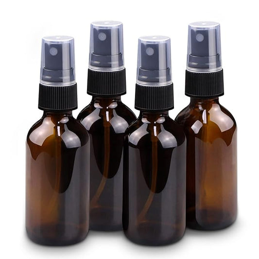 Wedama 2 oz Mini Glass Spray Bottles, Empty Small Spray Bottles with Funnel Dropper, Fine Mist for Hair, Travel, Plants, Cleaning Solutions and Skin Care (4 Pack Amber)