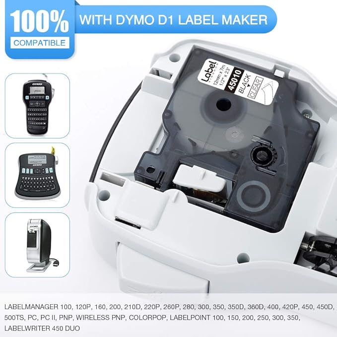 Label KINGDOM Clear Tape Compatible with Dymo D1 Black on Clear 45010 Refill, 1/2 Inch W x 23 Feet L, S0720500 Standard Label Maker Tape for LabelManager PnP 260P 210D 280 420 160 450D