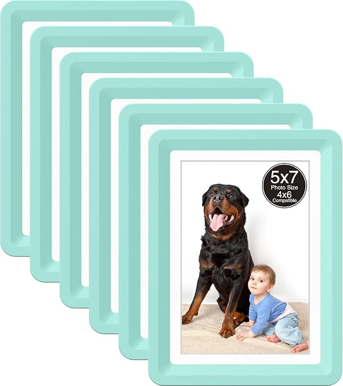 6-Pack 5x7 Picture Frame or 4x6 with Mat – Shatterproof Plastic Picture Frames for Family, Nursery & Playroom, Wall & Tabletop Frame for Home or Office, Safe Lightweight Design, Forest Green