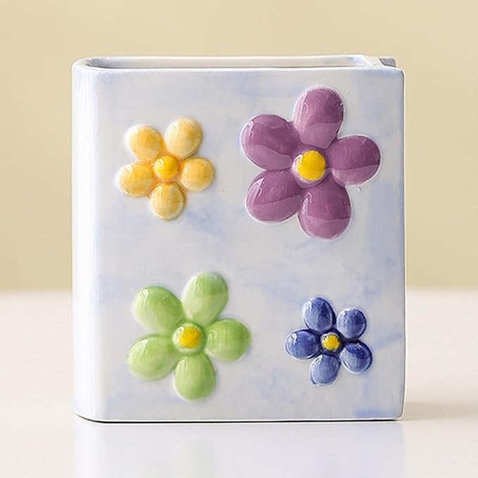 Book Vase Flower Pencil Cup Pen Holder For Office Desk Decorative Books Purple Flower Vase Cute Toothbrush Holders Home Decor Teacher Book Gifts for Women Small Makeup Brushes Holder