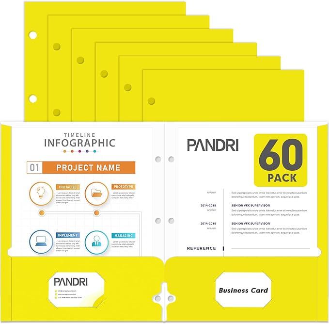 Two Pocket Portfolio Folders, PANDRI 60 Pack 3 Hole Punched 2 Pocket Folders for 3 Ring Binder, Letter Size Paper File Folder for School Office Home Business, Yellow