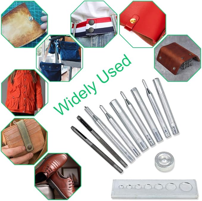 Renashed 11 Pcs Heavy Duty Hollow Leather Craft Punch Hole Tool Kit with Base DIY Leathercraft Tool Leather Rivet Setter, Leather Puch Tool,Punch Snap Kit for Hole Punch and Install Rivet Button
