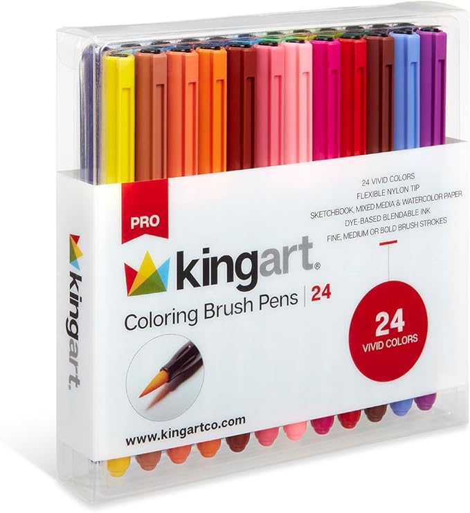 KINGART PRO 24 Watercolor Brush Pens - Premium Blendable Coloring Markers for Adults & Kids - Flexible Tip for Fine Lines & Calligraphy Lettering - Non-Toxic Art Set for Drawing.