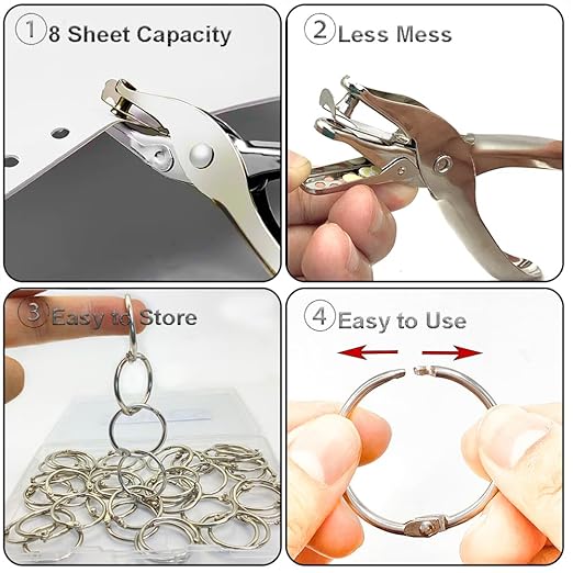 2 Pack Single Hole Punch with 20 Pcs Binder Rings, 1/4 Inch One Hole Paper Puncher, Small Hole Punches for Paper, Crafts, Binder, Tags, Cards and Tickets (Silver)