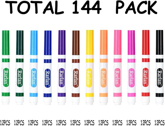 Rarlan Washable Markers Bulk, Markers for Kids, Classpack, 12 Colors,12 Boxes, 144 Count