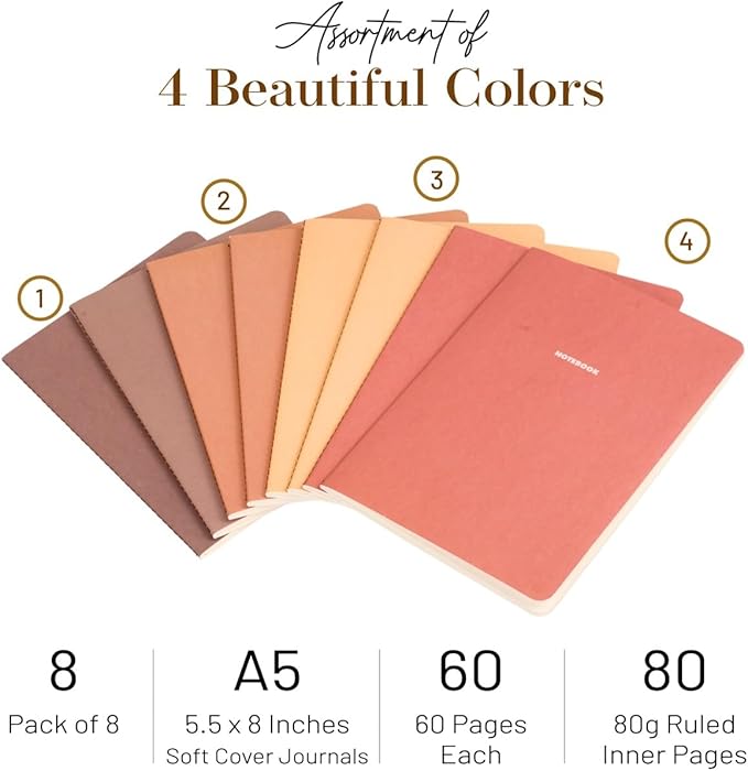 Notebook Journal (8 Pack), A5, 5.5 x 8 in, Cute Soft Paper Cover Notebook Set, Thin Writing Journal for Travel, Meditation, Wedding and Dream Journals, Lightweight Lined Paper Diary, 60