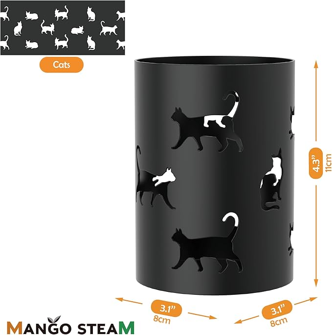 Mango Steam Metal Pen Holder, Makeup Brush Cup Organizer for Office, Bathroom, Vanity (Black, Cat)