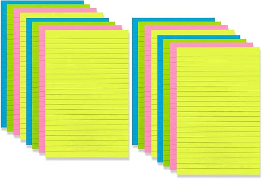 16 Pads Lined Sticky Notes 5 x 8 in, Bright Colors, Colorful Large Sticky Notes with Lines Self-Stick Note Pads for Office School Supplies, 50 Sheets/Pad,16 Pads, 800 Sheets Total, 4A 5084-N-Lx4