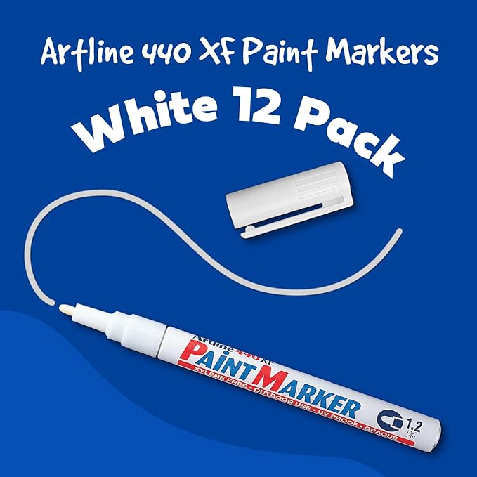 Artline 440XF Paint Markers for Wood, Plastic, and Canvas, Waterproof Marker for Indoor/Outdoor Applications, Opaque Coloring Markers with 1.2mm Bullet Tip - White, 12 Pack