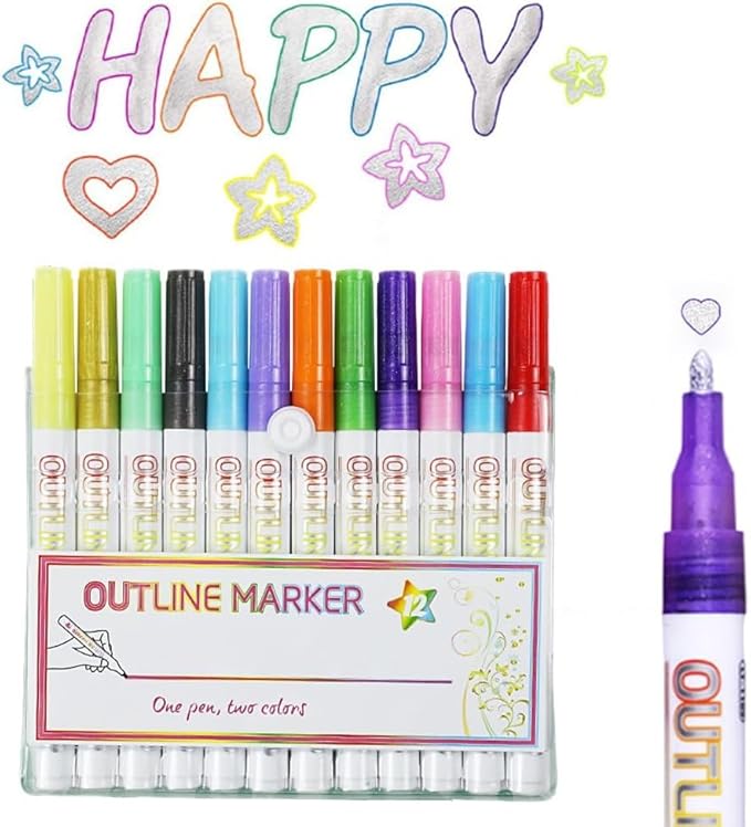 Marker Pen for Highlight, Dual-Line Shimmer Glitter Markers Outline Pen, Highlighter Metallic Paint Markers, Metallic Glitter Pen Set Art DIY Crafts School Supplies for Kids Girls Teens (12 Color)