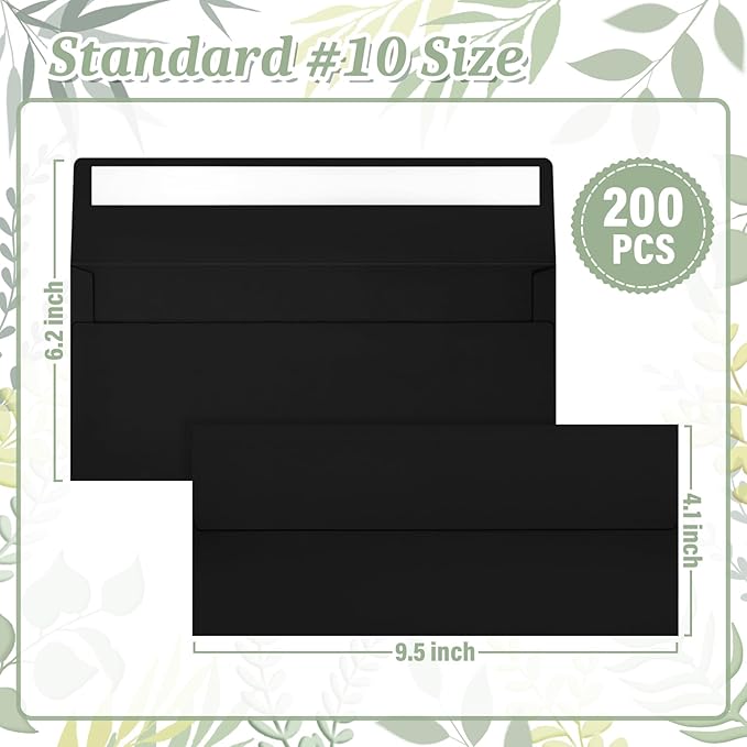 200 Pcs #10 Business Envelopes, Self Seal Standard Envelopes, Windowless Business Mailing Envelopes for Office, Checks, Letters, Invoices, Statements, Wedding, Size 4-1/8 x 9-1/2 inch (Black)